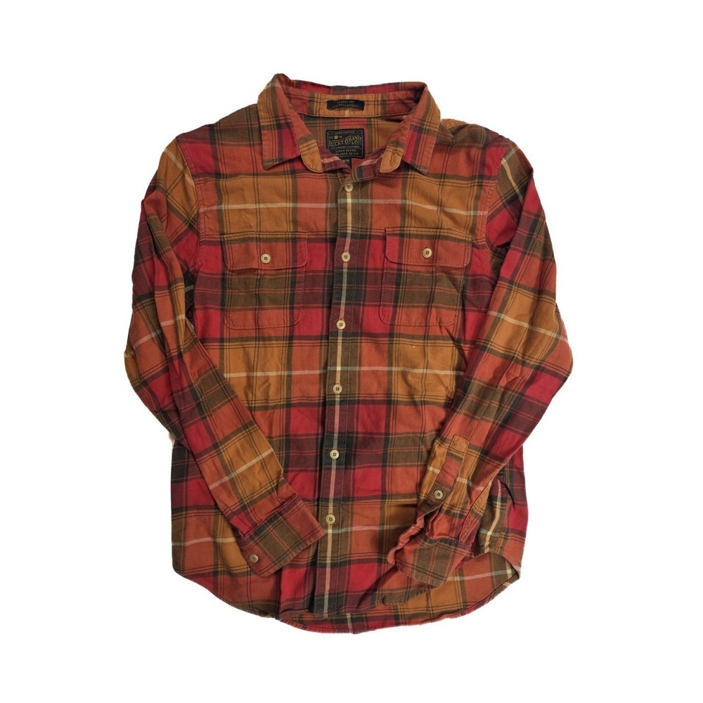 Lucky Brand Linen Blend Orange Plaid Chest Pocket Button Up L/S Men's Size Large